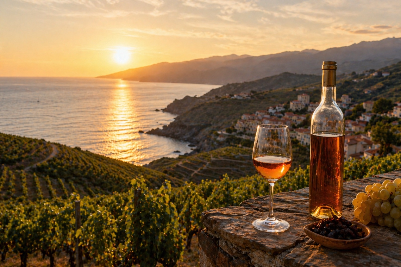 Verre de vin doux de Banyuls face aux vignes en terrasses surplombant la Méditerranée au crépuscule