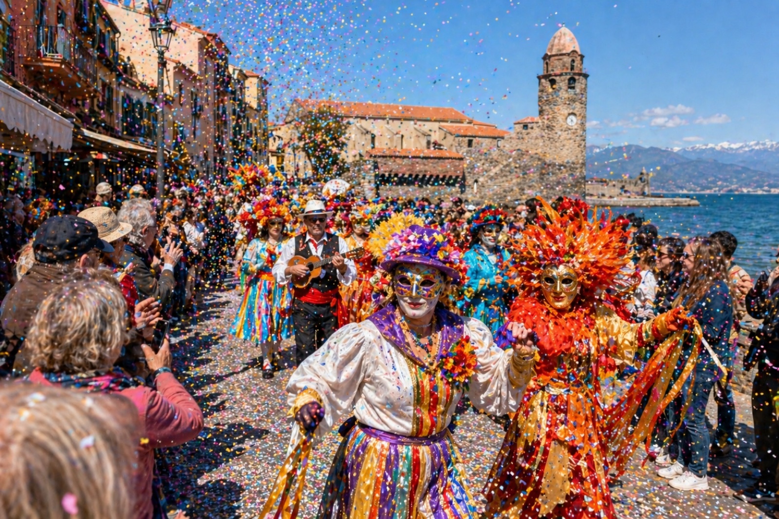 Carnaval de Collioure : danseuses costumées et confettis devant l'église Notre-Dame-des-Anges