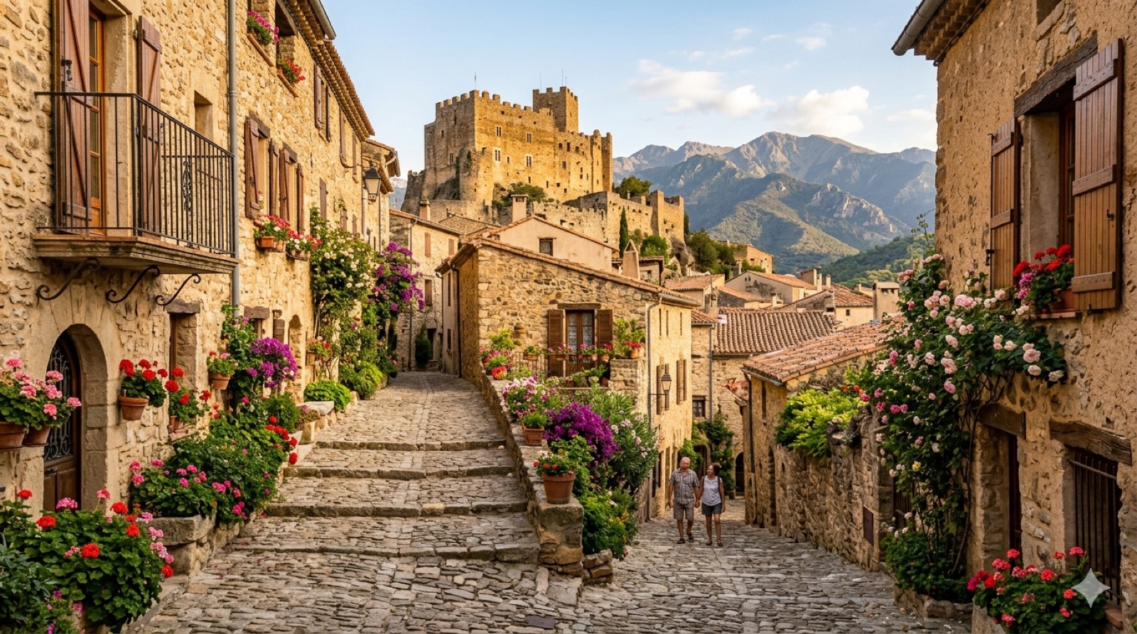 Village pittoresque catalan en lumière dorée d'arrière-saison — Castelnou, plus beau village de France