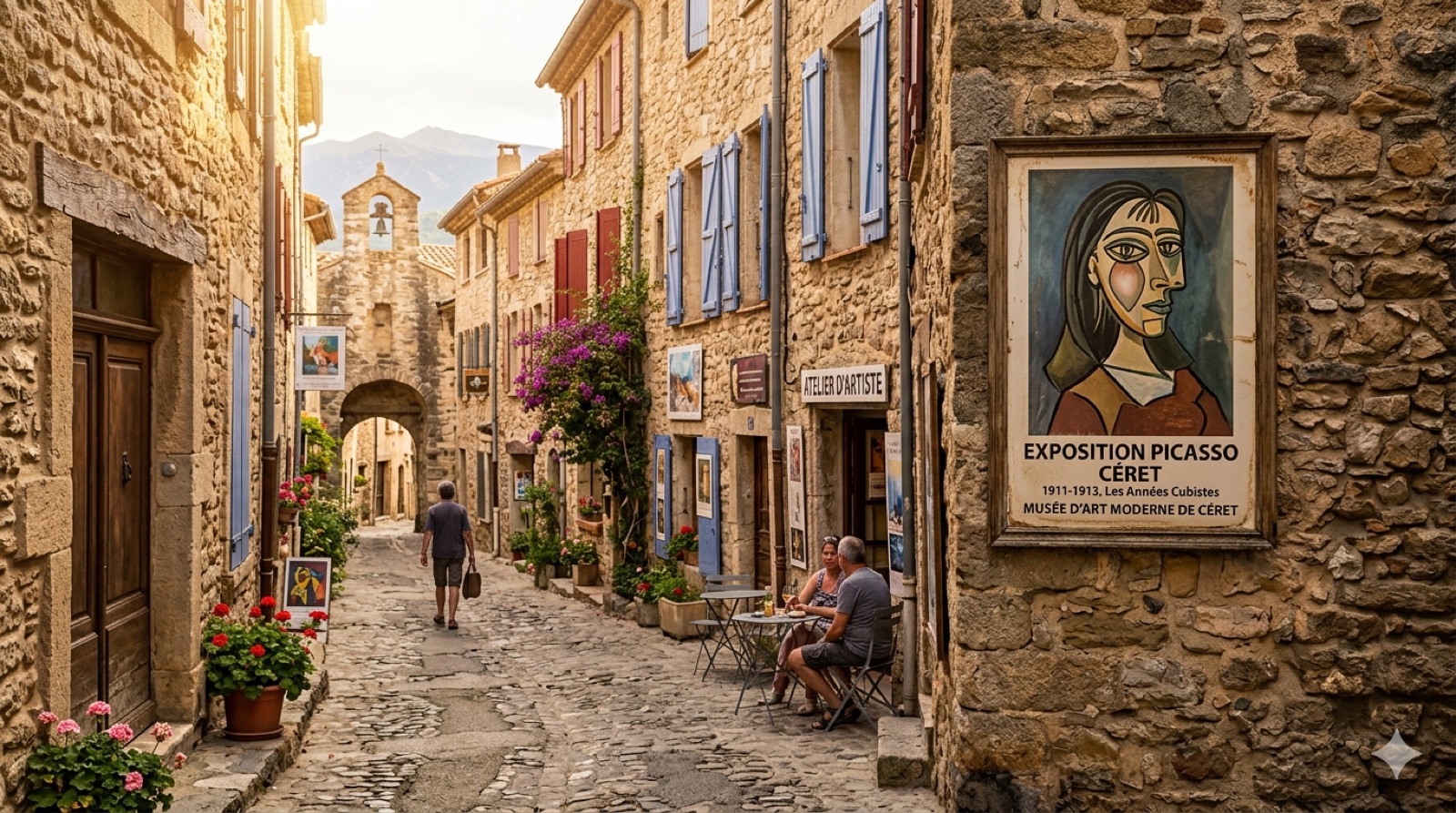 Ruelle pavée de Céret avec affiche Picasso devant le Musée d'art moderne, façades catalanes en pierre