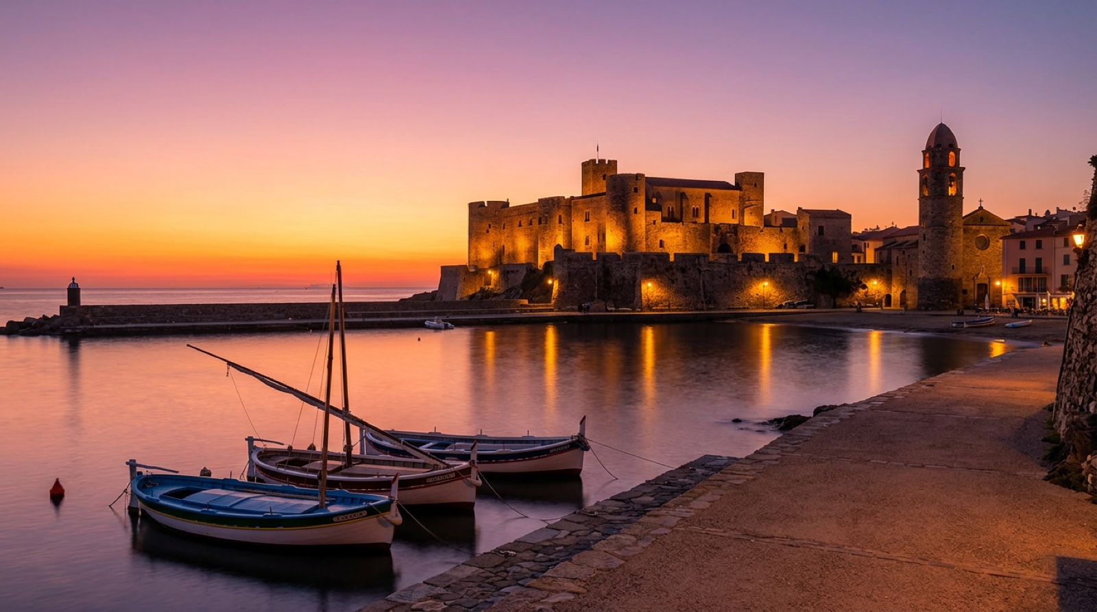 Vue panoramique de la baie de Collioure avec le Château royal et les barques catalanes en contrebas