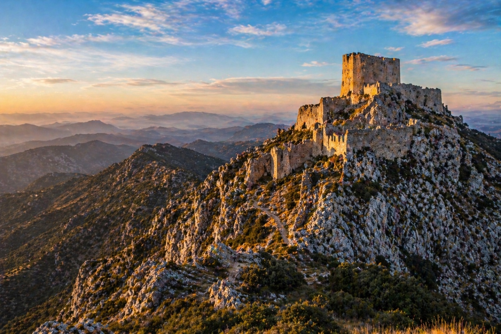 Panorama du Pays Catalan depuis un château perché — Quéribus et Peyrepertuse, forteresses cathares