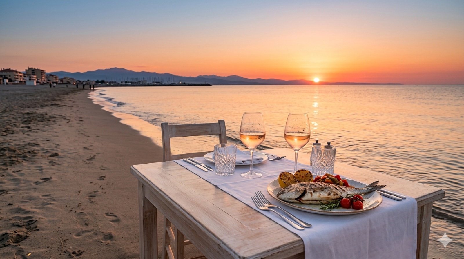 Table dressée au bord du sable à Canet-Plage, lumière dorée du soir, verres de rosé et plat de poisson grillé face à la Méditerranée