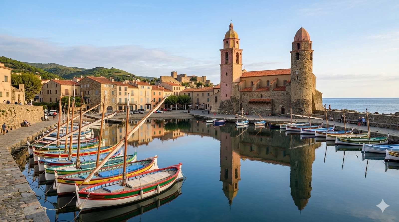 Port de Collioure en arrière-saison avec église Notre-Dame-des-Anges, calme et lumière dorée d'automne