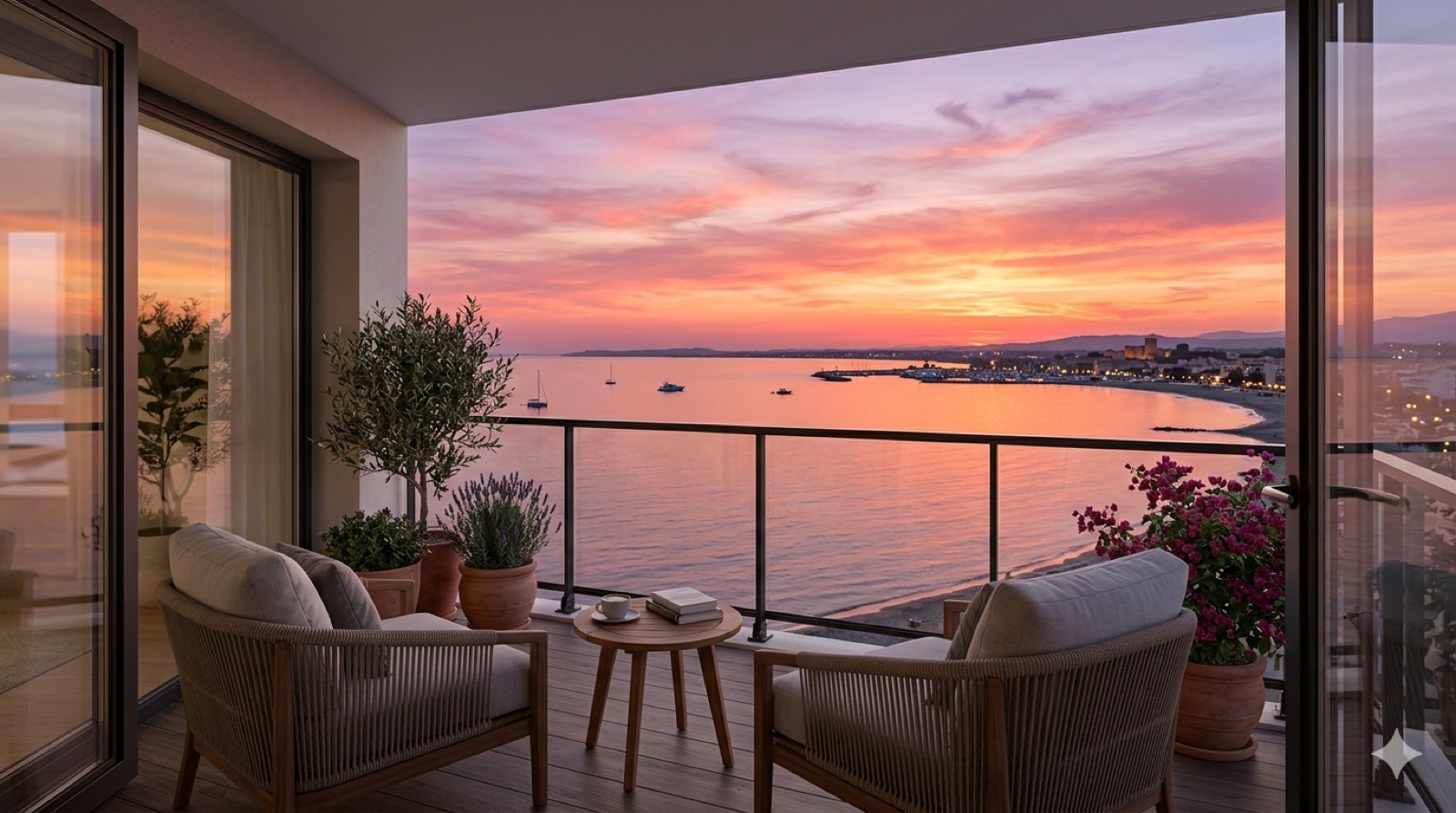 Terrasse de la Suite Divina à Canet-en-Roussillon baignée par la lumière dorée du coucher de soleil méditerranéen, jacuzzi en arrière-plan, ciel fondu en orange et rose