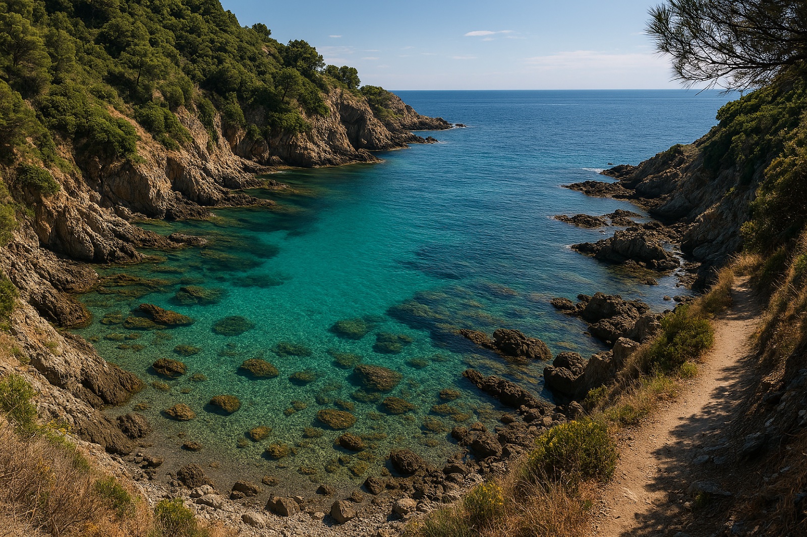 Crique sauvage de la Côte Vermeille à moins de 45 minutes de Canet-en-Roussillon — eaux turquoise et roches