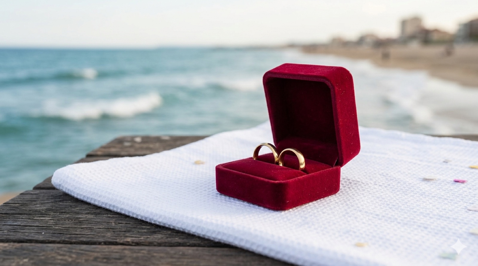 Mise en scène demande en mariage : pétales de rose, champagne et bouquet sur la terrasse face mer de la suite DIVINA