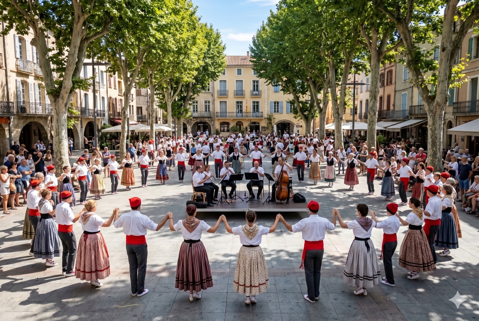 Costumes traditionnels et confettis sur la place — festival de la danse catalane à Céret