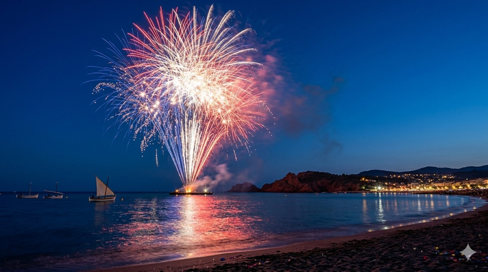 Feu d'artifice du 14 juillet vu depuis la terrasse privée de la suite DIVINA avec champagne au seau