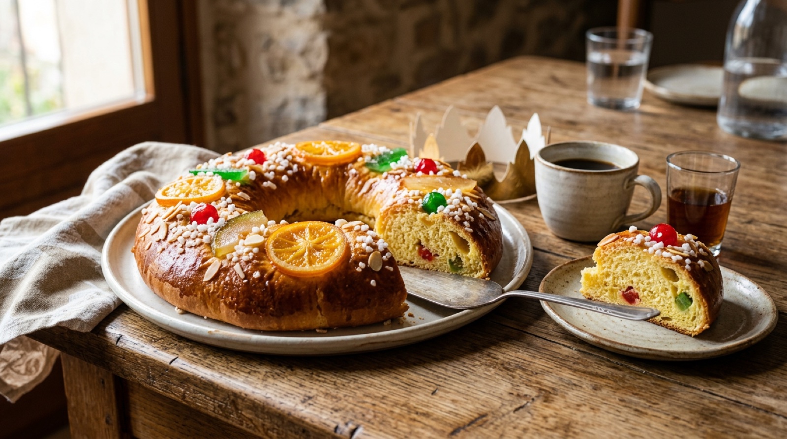 Tortell des Rois catalan aux fruits confits avec couronne dorée — galette traditionnelle de l'Épiphanie