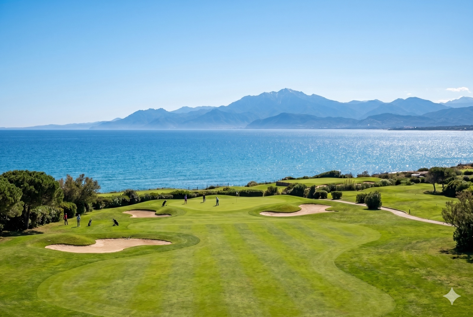 Paysage verdoyant face à la Méditerranée et aux Pyrénées enneigées — Golf de Saint-Cyprien 18 trous