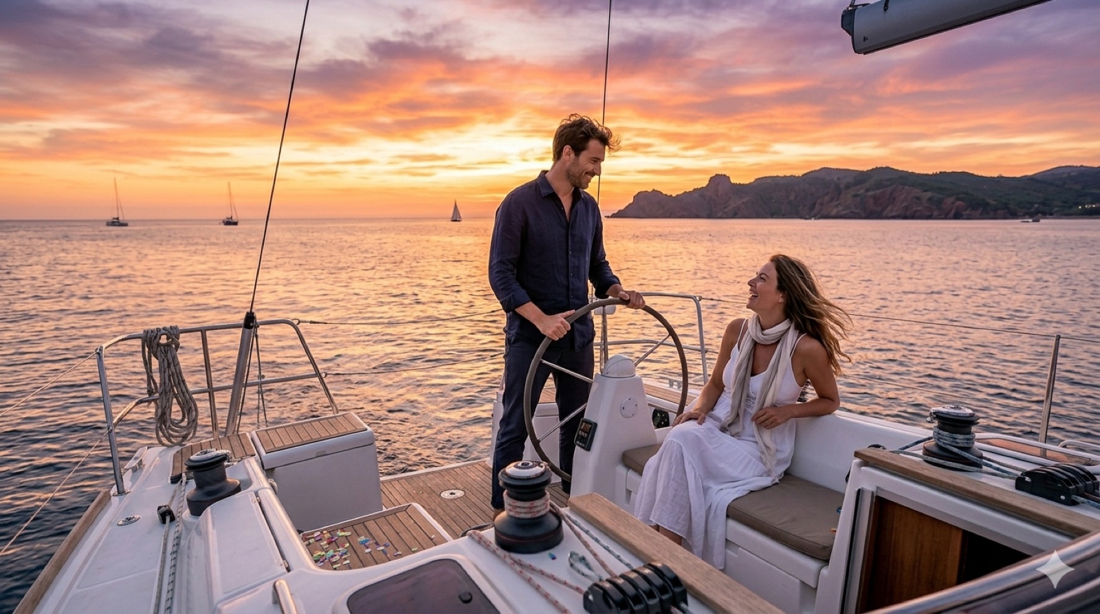 Voilier en croisière privée au coucher du soleil sur la Méditerranée — départ port de Canet-en-Roussillon