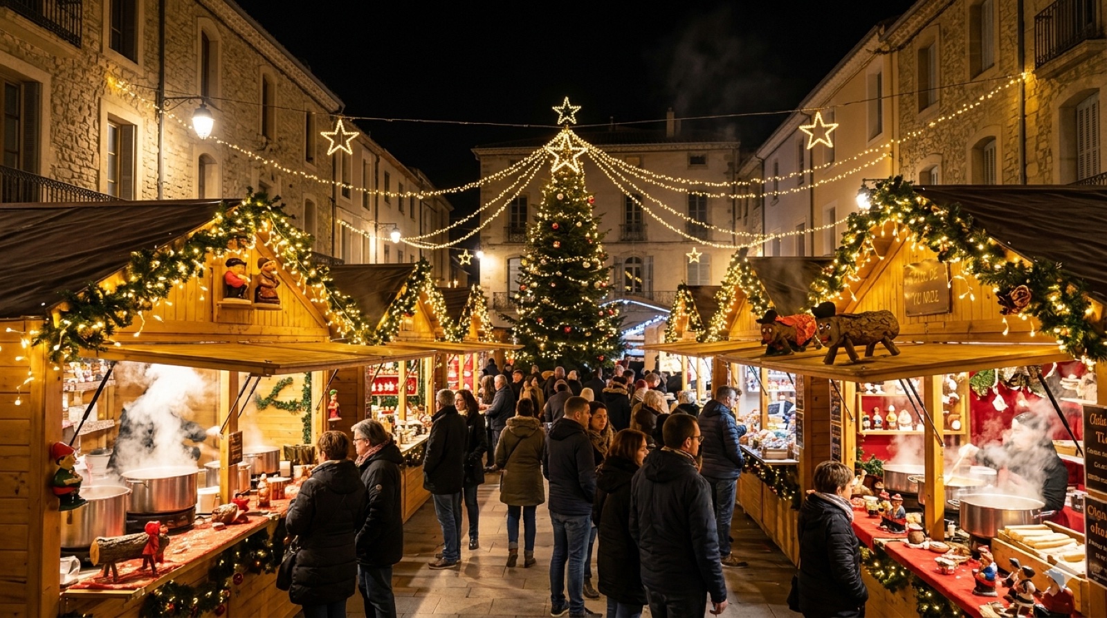 Couple sur le marché de Noël catalan illuminé devant un sapin et des chalets décorés — Perpignan