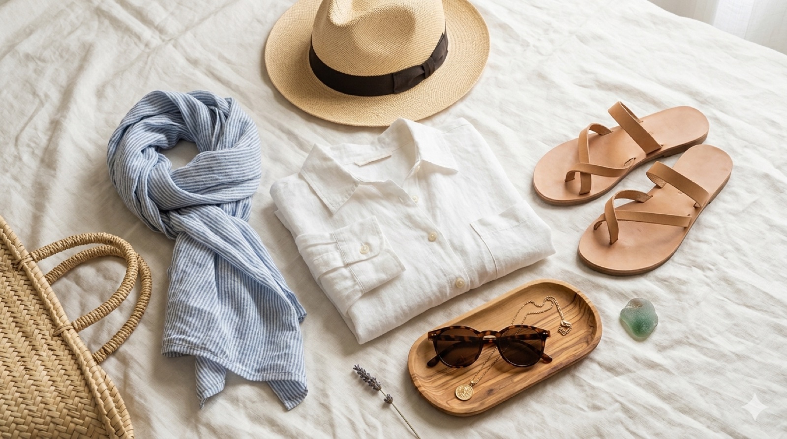 Vestiaire mode méditerranéen sur portant en bois avec robes en lin face à la plage — week-end DIVINA