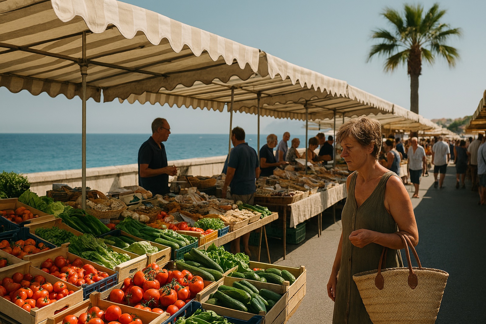 Promenade de Canet-en-Roussillon sous les palmiers avec les Pyrénées enneigées au printemps — réouvertures d'avril-mai