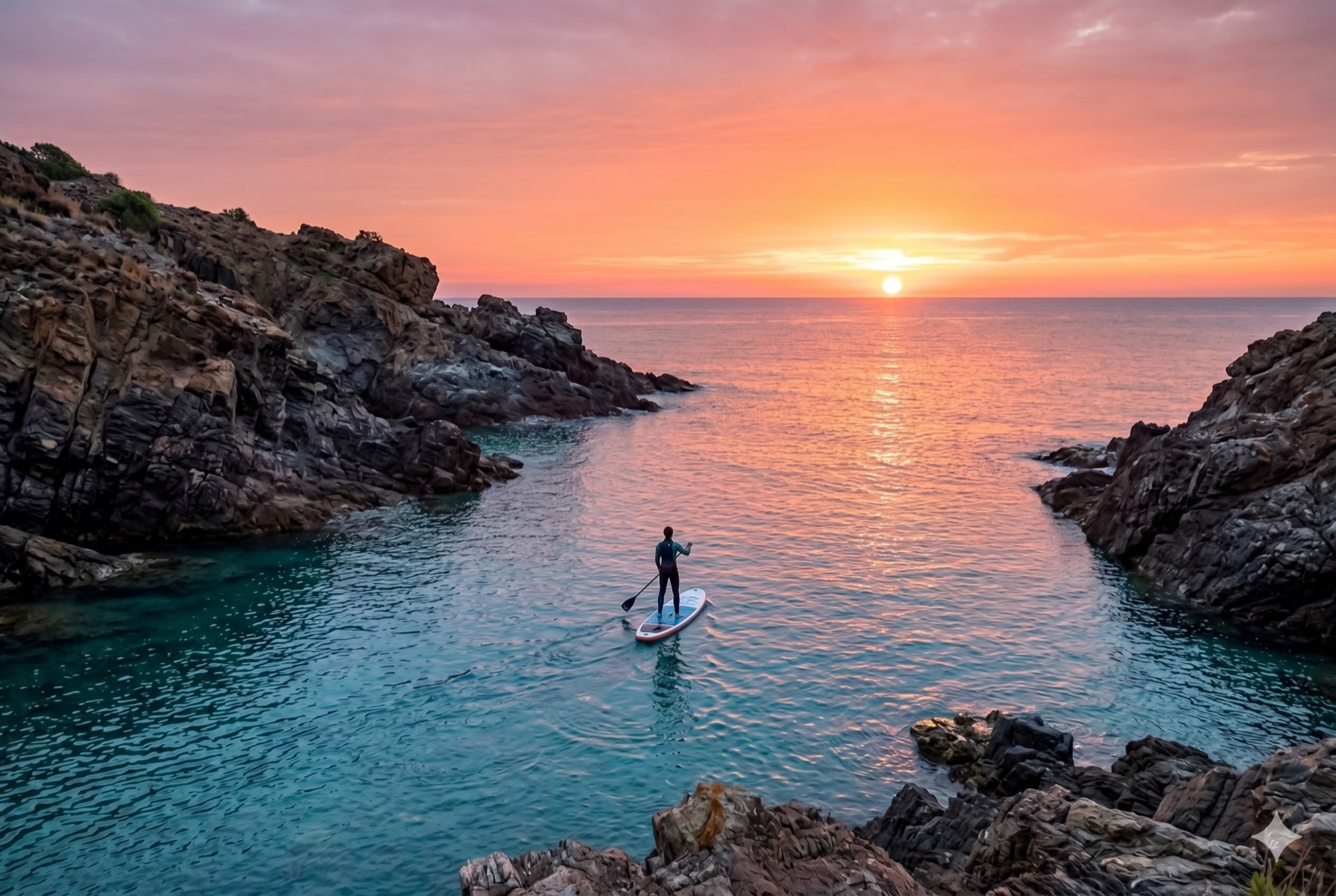 Lever du soleil sur la mer Méditerranée avec voilier — paddle à l'aube sur la Côte Vermeille