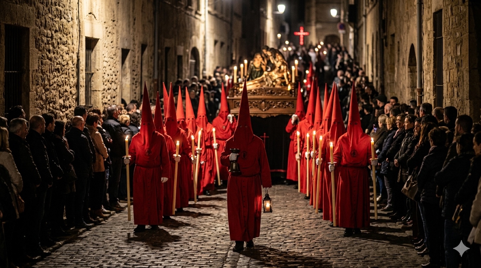 Procession catalane de la Semaine sainte avec pénitents en cagoule et statue de la Vierge — tradition de Pâques