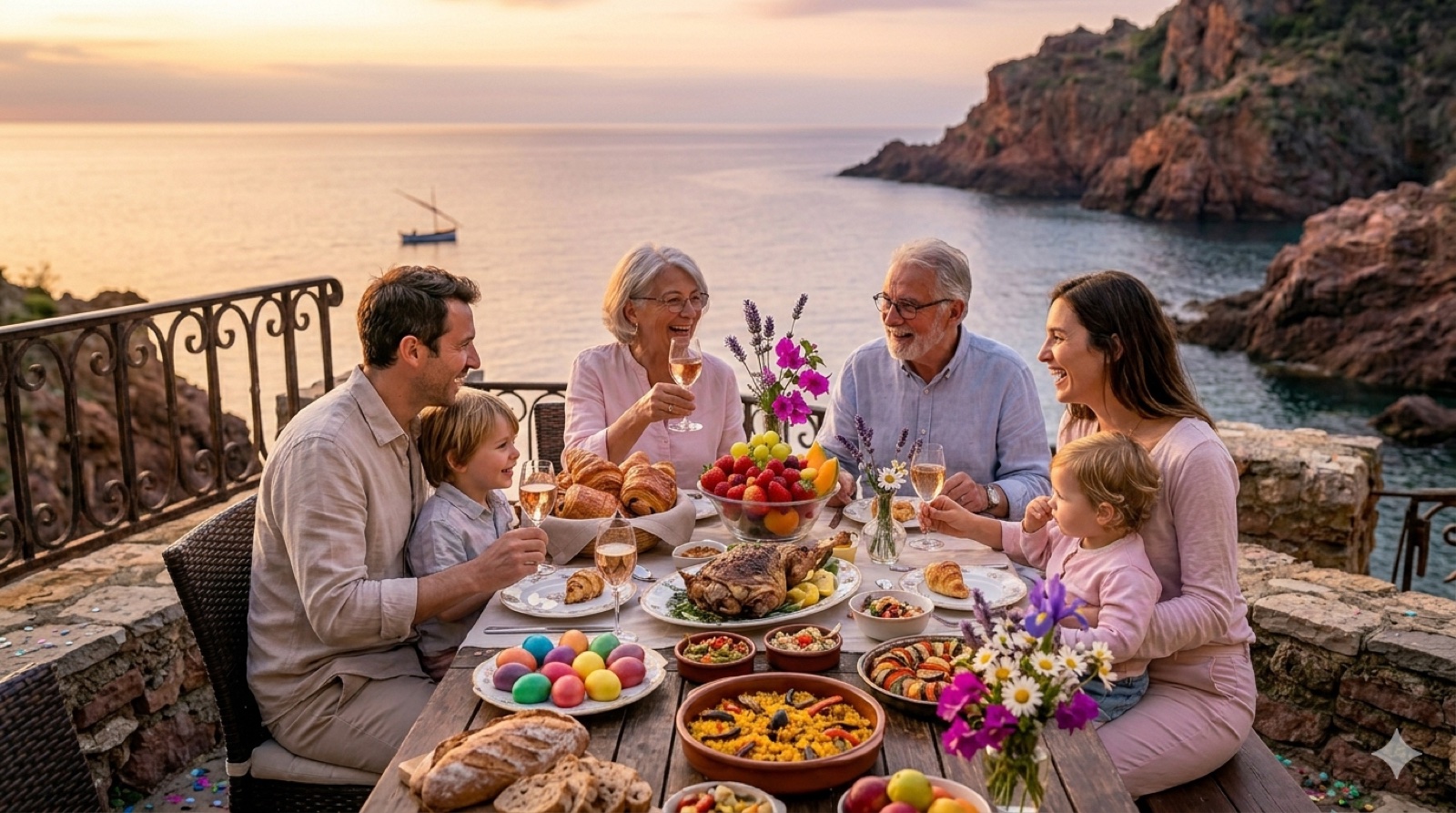 Famille intergénérationnelle réunie pour un dîner de Pâques en bord de mer au coucher du soleil