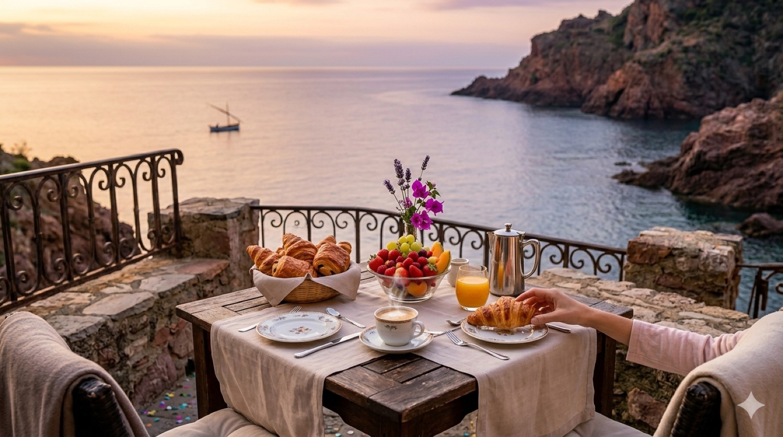 Table de petit-déjeuner romantique dressée sur la terrasse de la Suite Divina, viennoiseries dorées, fruits frais, café fumant, vue sur la baie de Canet