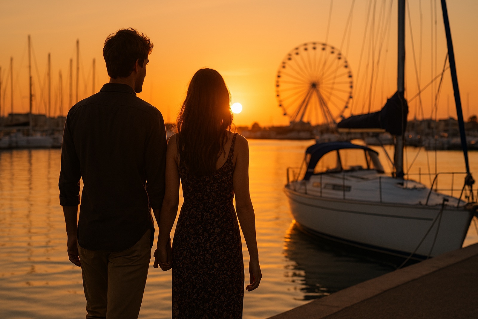 Couple en apéritif romantique au coucher du soleil sur le port de plaisance de Canet-en-Roussillon