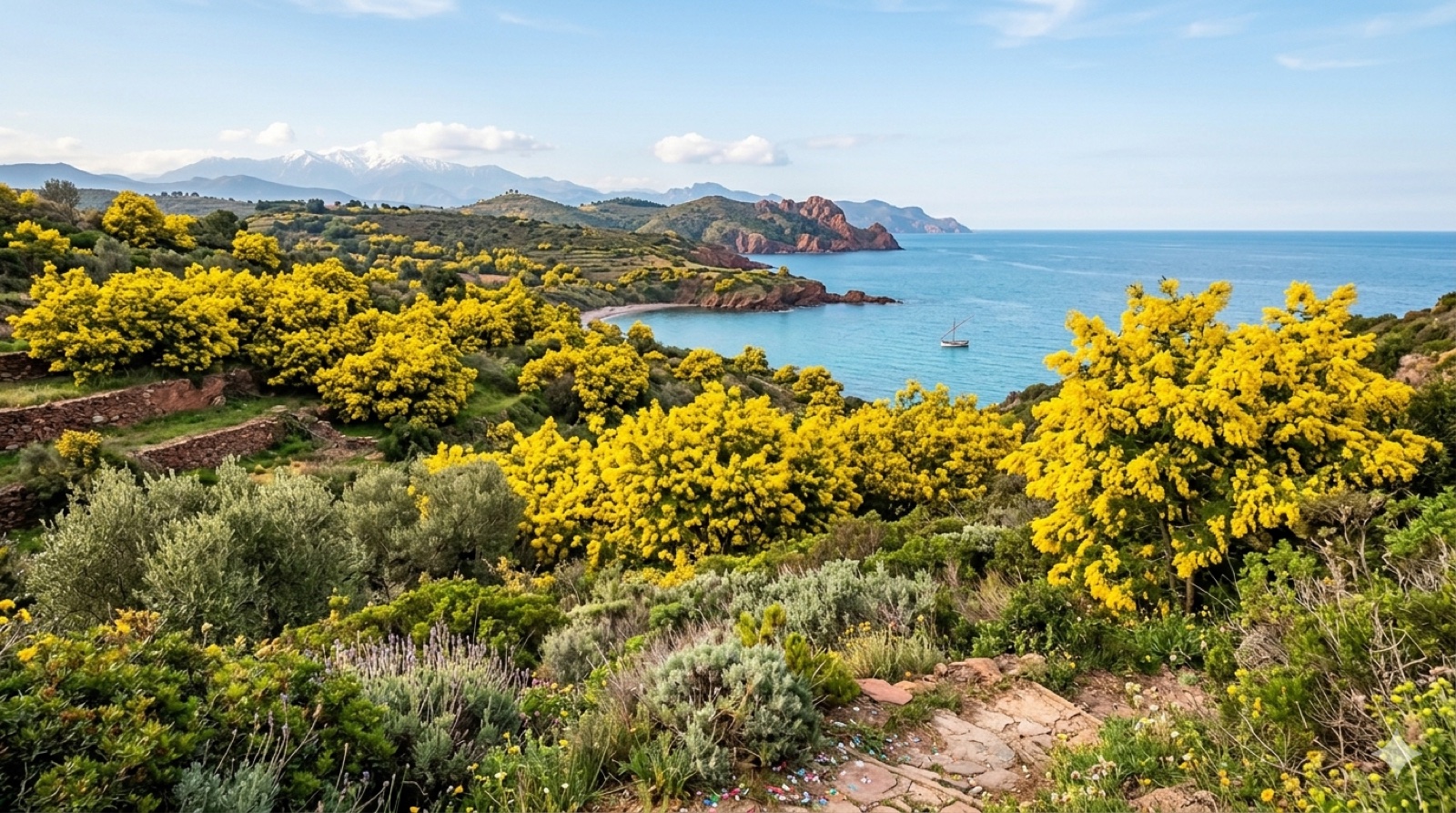 Mimosas en fleurs sur les hauteurs de la Côte Vermeille avec vue sur la baie — printemps méditerranéen