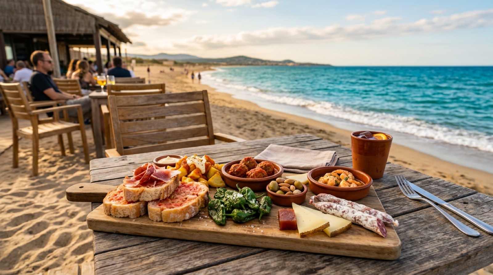 Locaux jouant à la pétanque avec tapas et verres de vin sur le port de Canet-en-Roussillon au coucher du soleil
