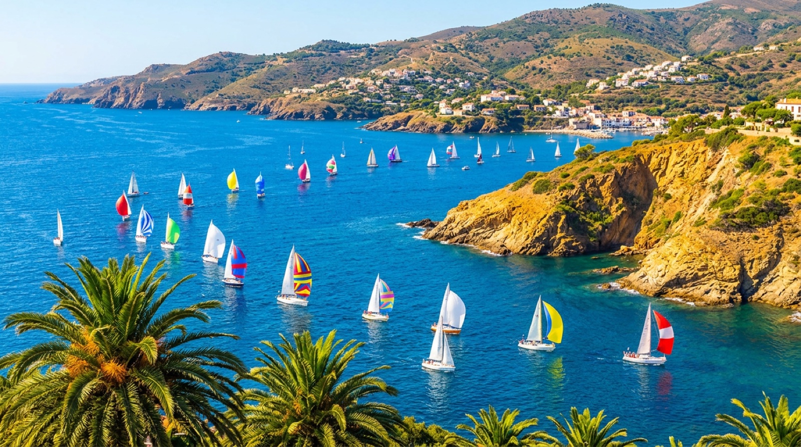 Vue panoramique de la baie de Collioure depuis les hauteurs — Côte Vermeille fauve à la manière de Raoul Dufy
