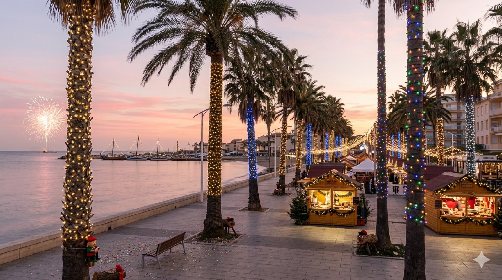 Front de mer de Canet-en-Roussillon illuminé pour Noël avec sapins et palmiers décorés au crépuscule