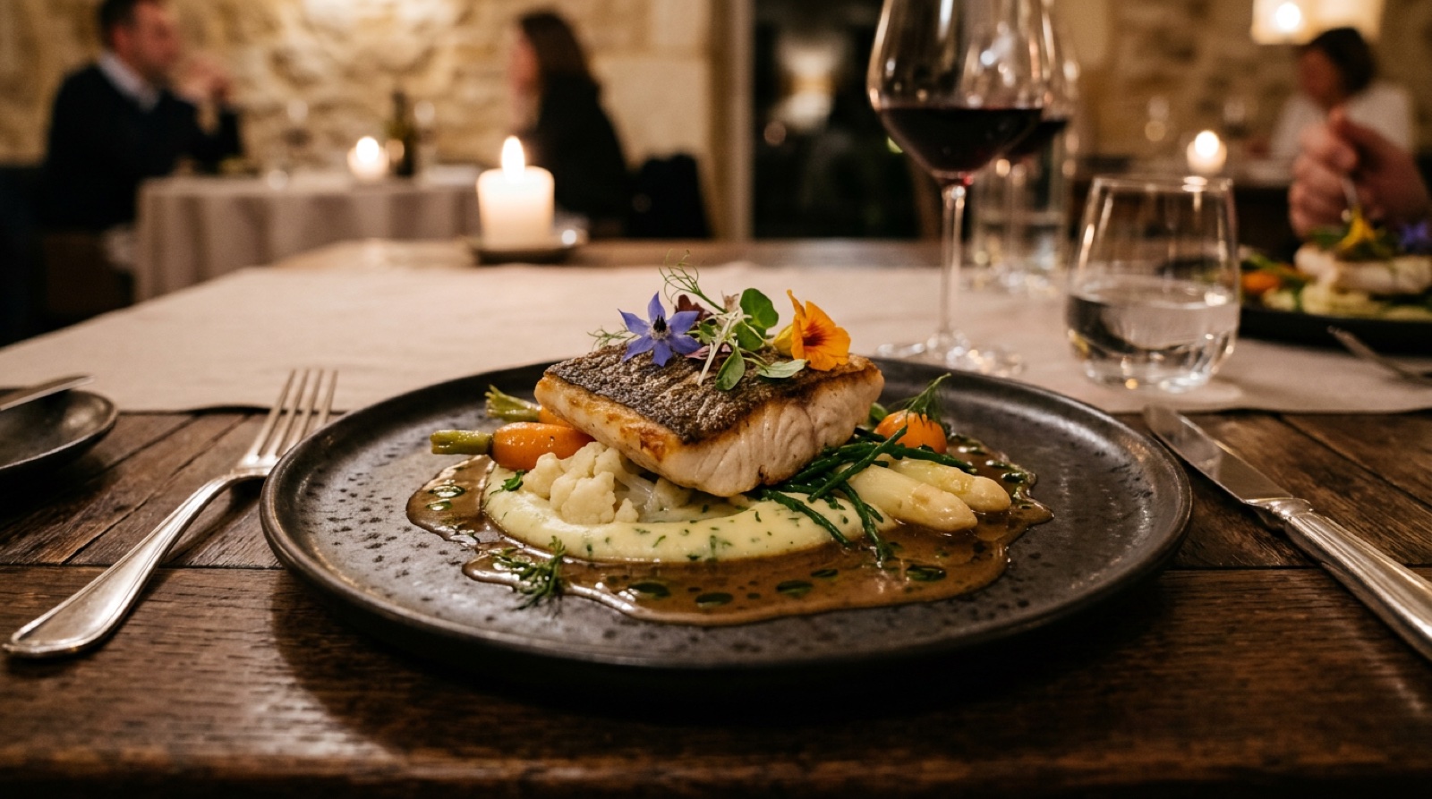 Restaurants gastronomiques en triptyque avec terrasses face à la mer au coucher du soleil — Pyrénées-Orientales