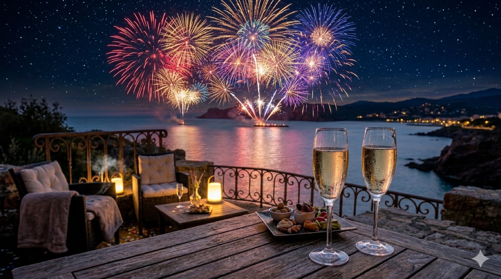 Convives en réveillon face à un feu d'artifice sur la plage de Canet-en-Roussillon