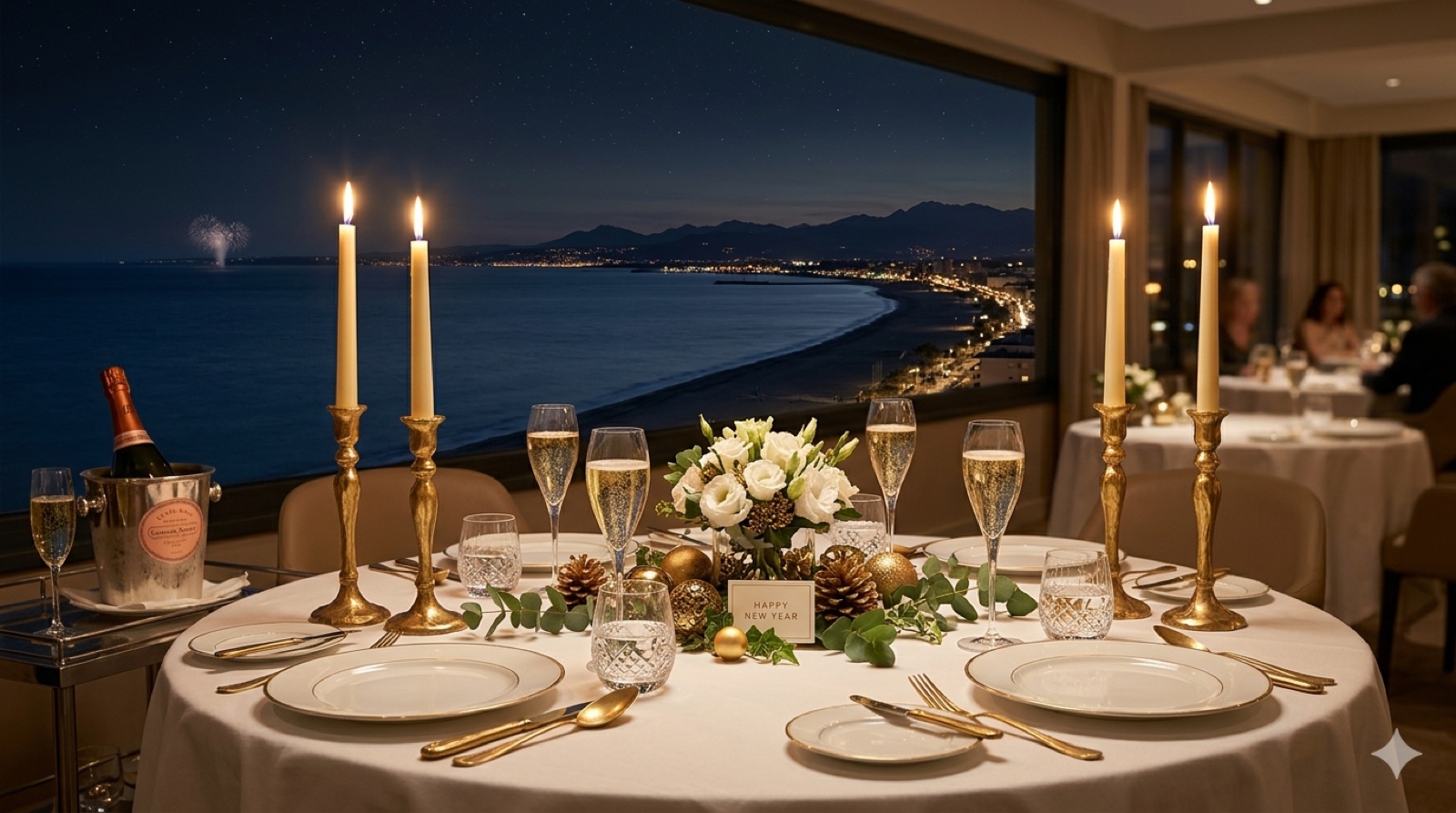 Table dressée d'un restaurant étoilé pour le réveillon catalan, dressage raffiné face à la mer