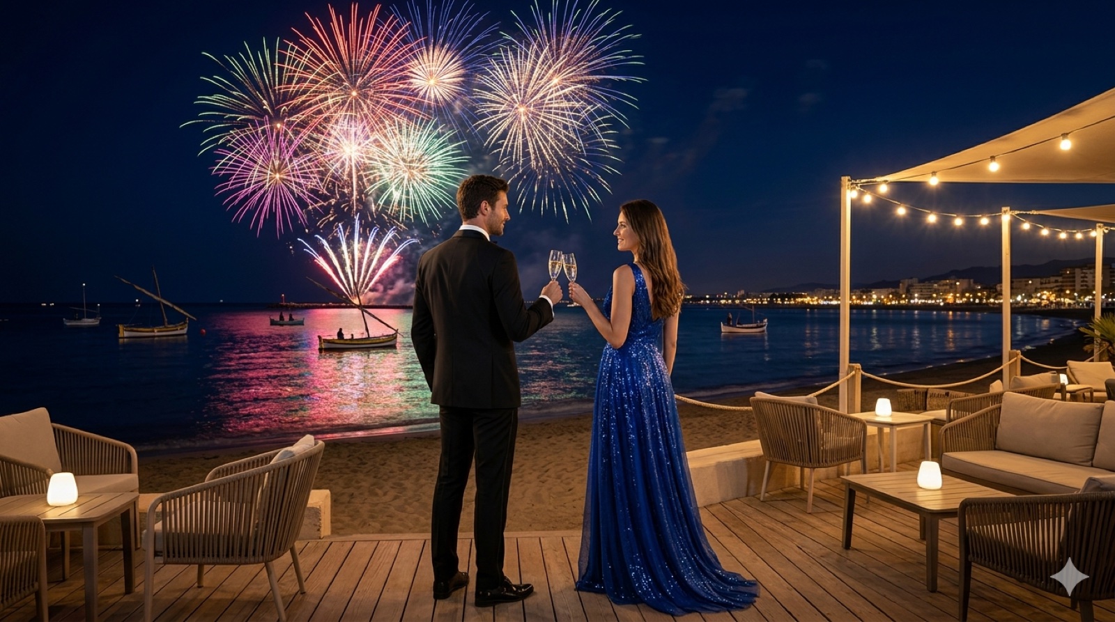Couple en tenue de soirée trinquant devant un feu d'artifice de Saint-Sylvestre face à la mer