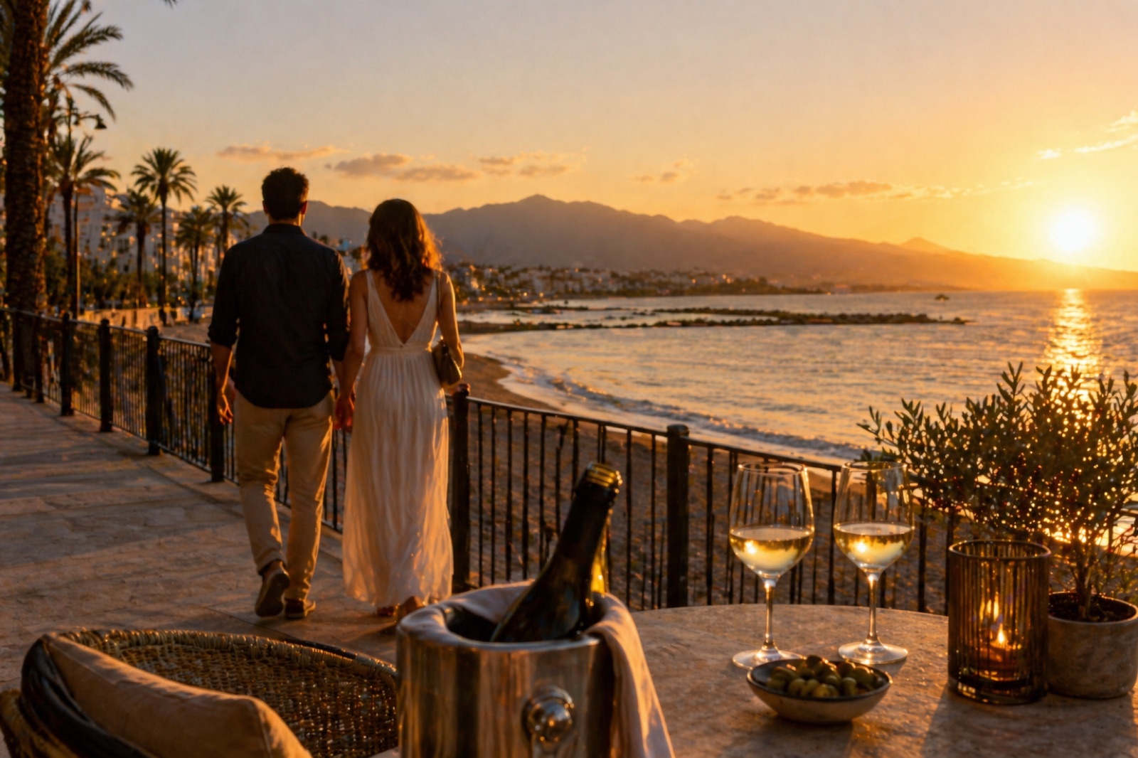 Couple amoureux face au coucher de soleil sur la Méditerranée avec champagne — Saint-Valentin DIVINA