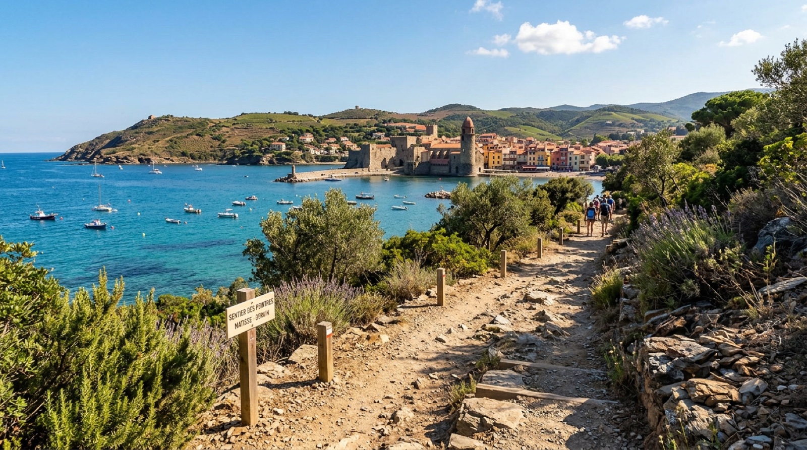 Peintre devant son chevalet face à la baie de Collioure sur le sentier du fauvisme — itinéraire Matisse et Derain