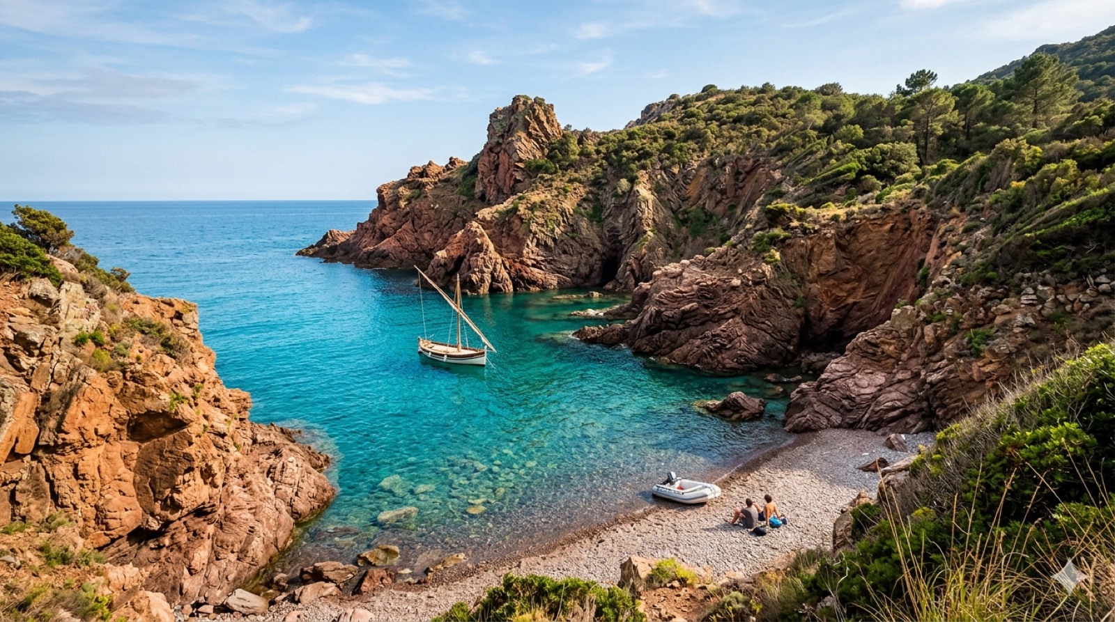 Crique sauvage de schiste rouge sur la Côte Vermeille avec eau turquoise transparente, accessible uniquement en bateau depuis Canet-en-Roussillon