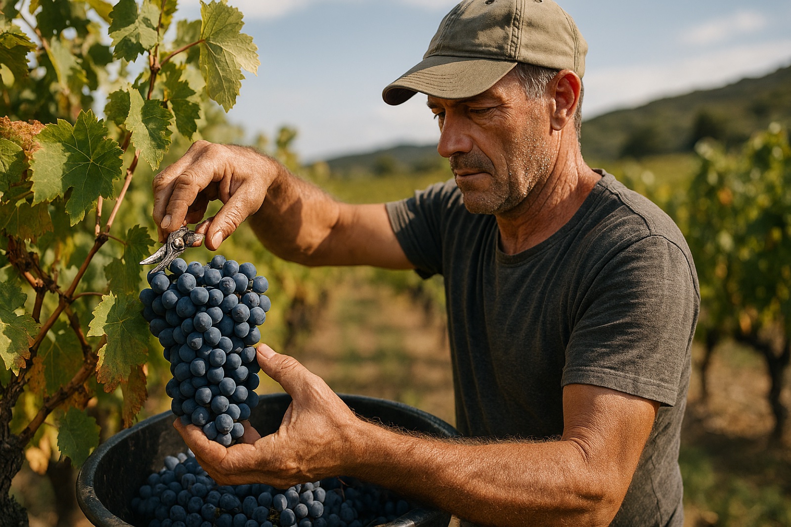 Verre de vin et bouteille devant les vignes en terrasses au coucher de soleil — vendanges en AOP Côtes du Roussillon