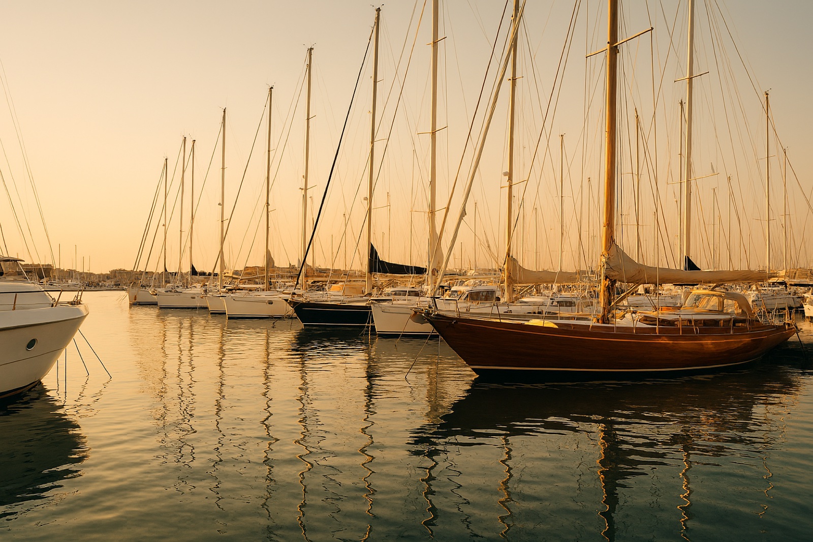 Voilier haut de gamme sortant du port de Canet-en-Roussillon au coucher du soleil